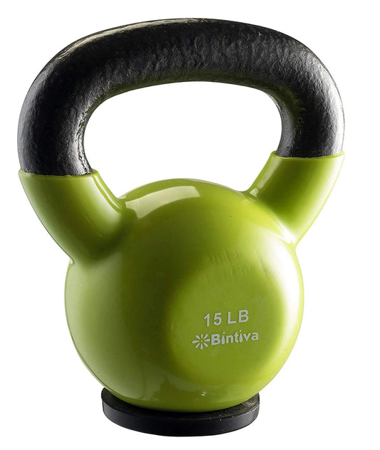 Professional Grade, Vinyl Coated, Solid Cast Iron Kettlebells, Light Green 15 Lb.