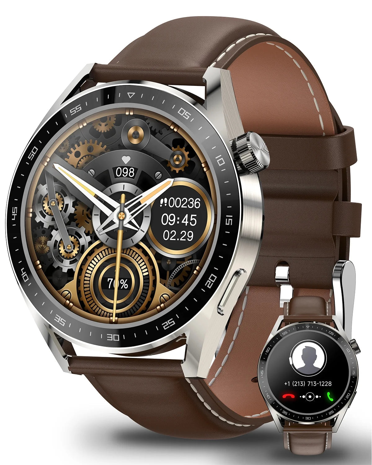 Ios, Android Bluetooth Cellular 1.45 in Brown Leather, Silicone Band