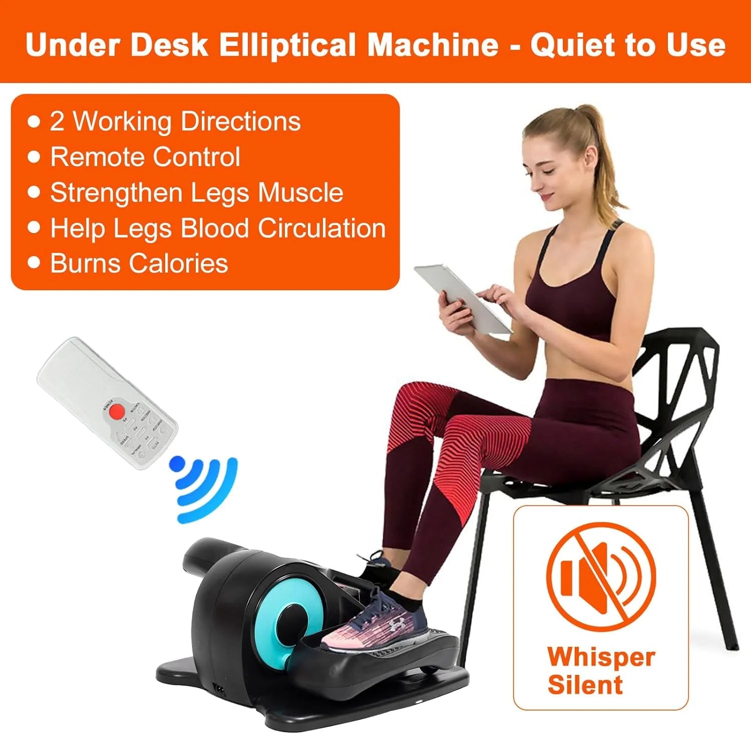 Eliptical Machine, under Desk Mini Ellipse Leg Exerciser for Home Gym Office, Quiet & Portable Electric Seated Pedal with Remote Control, LCD Display Monitor, Blue