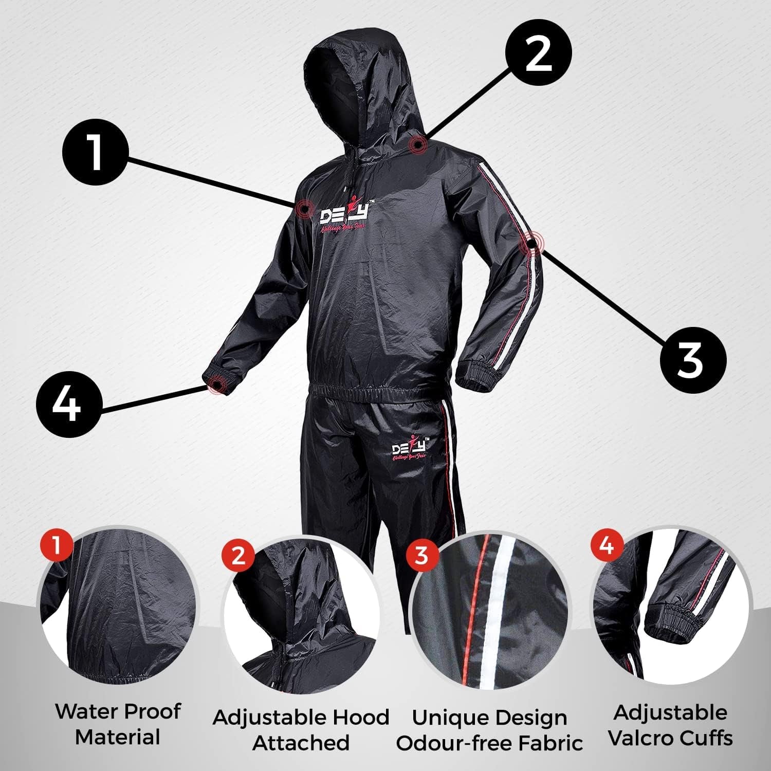 DEFY Heavy Duty Sweat Suit Sauna Exercise Gym Sauna Suit Fitness Workout Anti-Rip with Hood