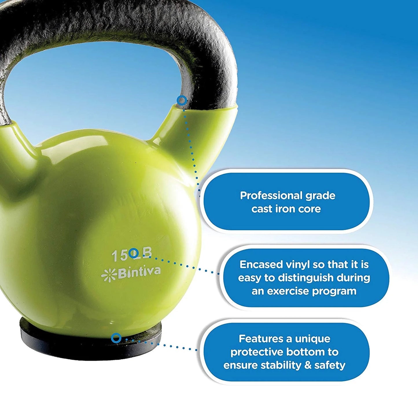 Professional Grade, Vinyl Coated, Solid Cast Iron Kettlebells, Light Green 15 Lb.