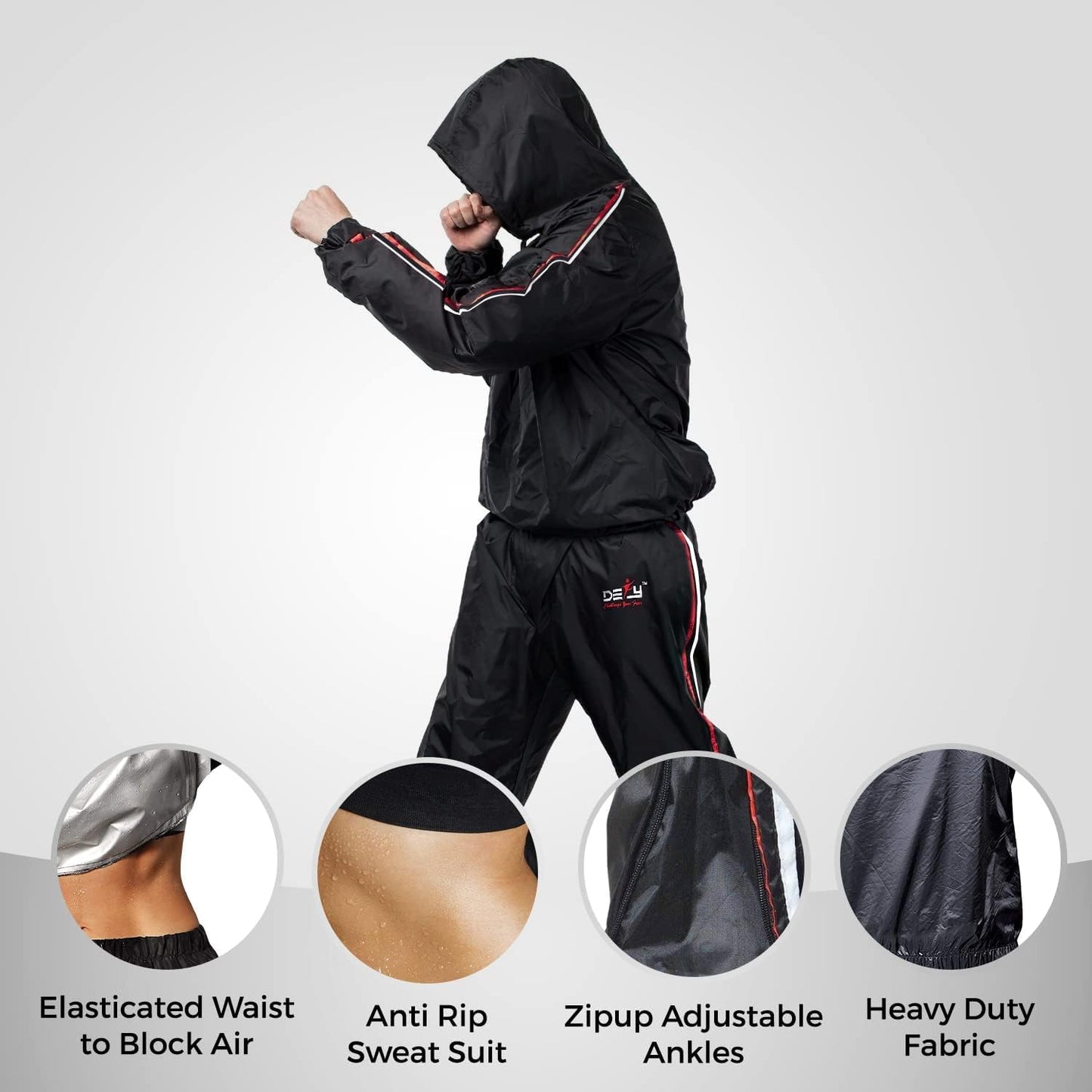 DEFY Heavy Duty Sweat Suit Sauna Exercise Gym Sauna Suit Fitness Workout Anti-Rip with Hood